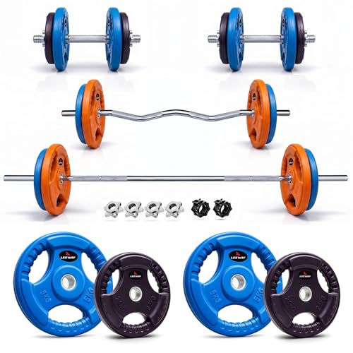 Image of Leeway 30kg Combo | Home Gym Set for Men | Barbell Rod with Plates and Dumbbell Set | Rubber Weight Plate, 3 Ft Curl + 5 Ft Rod (28mm) | Weightlifting Gym Equipments for Home Workout, (2.5X4+5X4)