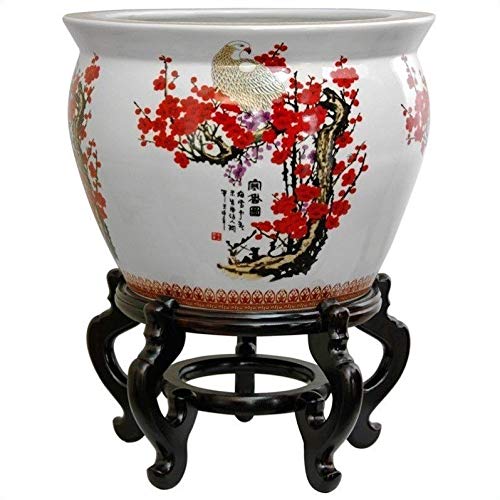 Red Lantern 14" Cherry Blossom Porcelain Fishbowl Planter