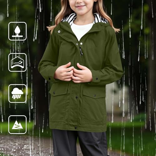 Girls Lightweight Waterproof Rain Jacket Hooded Raincoat Striped Lining Zip Up Windbreaker with Pockets 5-16 Years2