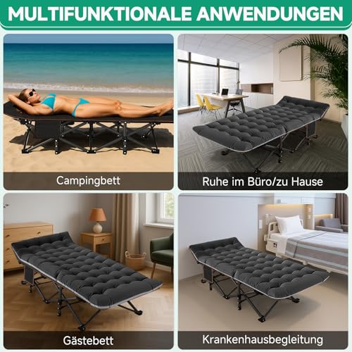 ZIKEBTUY Sonnenliege Klappbett 198x81cm Campingbett Gästebett klappbar liegestuhl 200KG Lastlager Gartenliege Mit Matratze Seitentasche und Kopfstütze Feldbett für In-Outdoor Garten Camping (Schwarz)
