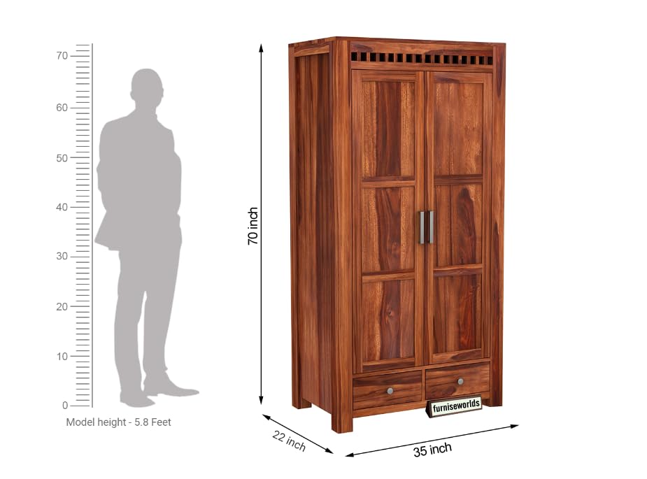 Image of Sheesham Wood Wardrobe with 2 Drawer and 4 Shelves Storage for Bedroom Wooden Almirah for Clothes for Living Room Bedroom Home, Solid Wood Furniture (Honey Finish)