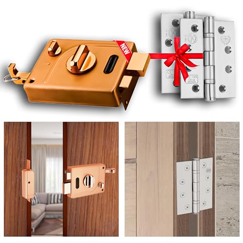 Image of Harrison Main Door Lock Hinge Free / 1 Duro Bolt 5530 Rose Gold Finish 5 Computerised Key with 2 Hinge 0971 SS Finish and Key Ring /Mild Steel Material /Door Lock, Rim Lock, Dead Bolt Lock