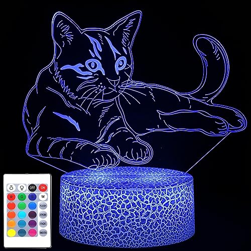 Image of i-CHONY Cat Gift 3D Illusion Lamp,Cute LED Night Light,with Remote & Smart Touch 16 Colors Bedroom Decorations Bedside Lamp - Cat Love Gift for Women Teens Girls Kids Birthday Christmas