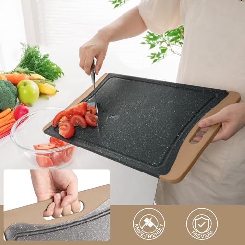 Image of Extra Large Cutting Boards, Plastic Cutting Boards for Kitchen (Set of 3) Cutting Board Set Dishwasher Chopping Board with Juice Grooves Easy-Grip Handles, Brown, Empune