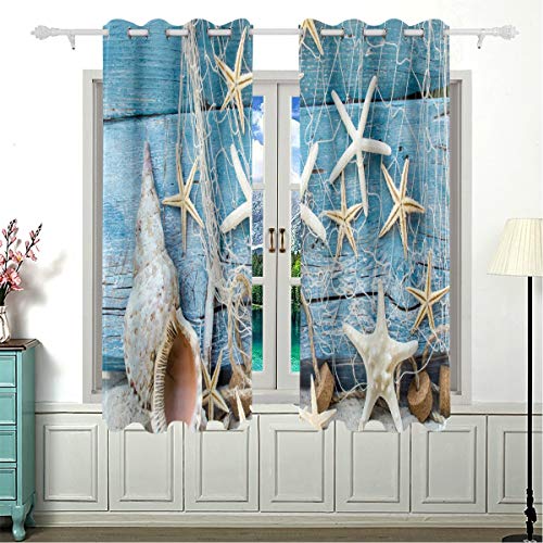 Domiking Blackout Curtain Bedroom Window - Seashells Sand Fishnet Thermal Insulated Curtain Grommet Darkening Drapes Home Decoration For Bedroom Living Room(63X55Inch) #TOP5