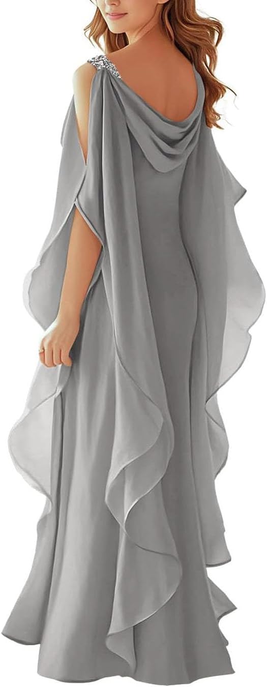 Women's Loose-fit Elegant Chiffon Mother of The Bride Dress Plus Size Evening Gown Cowl Neck Long Sleeve Floor-Length