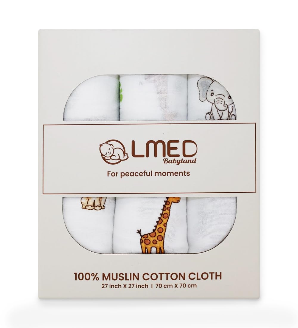 LMED Babyland 100% Muslin Cotton Baby Receiving Cloths, 3-Pack, 27x27 in (70x70cm), Soft & Gentle for Newborns, Sensitive Skin Safe, for Feeding, Burping & Comfort, 0+ Months (Safari)