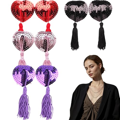 Hotainoys 4 Paires de Pompons de Mamelon pour Femmes, Paillettes Douces en Forme cœur, Cache-tétons adhésifs réutilisables avec Pompon pour Femmes et Filles