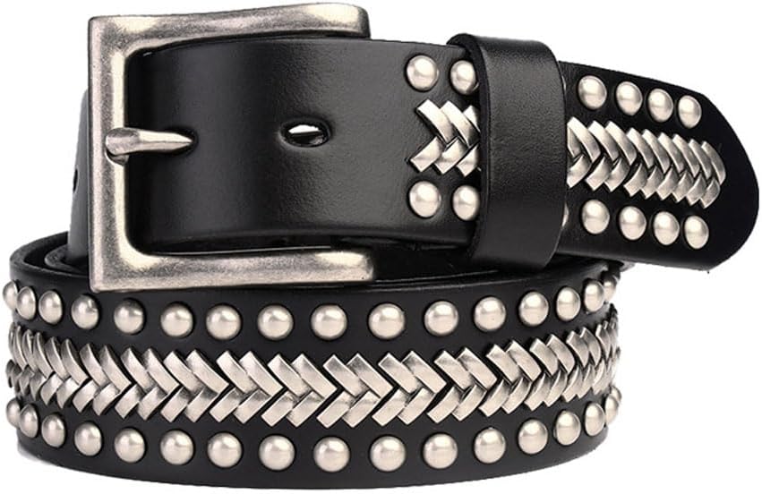 vogueteen Mens Studded Casual Italian Cowhide Leather Belts For Jeans Punk Rock Rivets Belt With Buckle Waistband