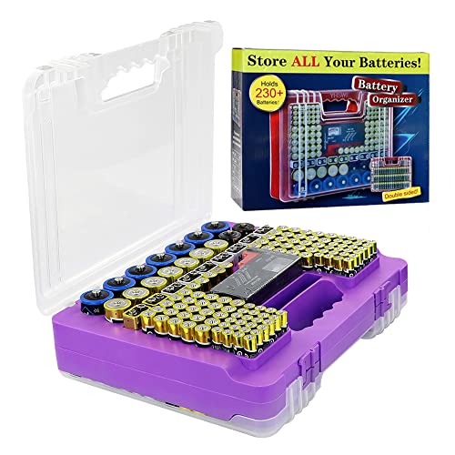 Yohosadgdg Battery Organizer Storage Case Battery Storage Box with Tester 230+ Battery Holder Case for AA AAA C D 9V Waterproof Battery Case No Batteries,Purple