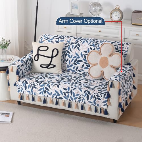 Image of HOKIPO Sofa Cover with Tassel for 2 Seater Sofa | Full Protection for Seat and Back | Printed Holland Velvet Fabric | 'Whispers of Nature' (160x120 cm), Indigo Foliage (IN-1126-D10)