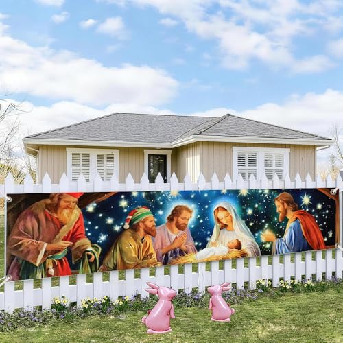 Image of Christmas Starry Night Outdoor Banner 78.7 x 17.7 Inch Peaceful Glow Sky with Warm Lights and Festive Stars Elegant Holiday Backdrop for Yard Porch Garden Fence or Home Decoration