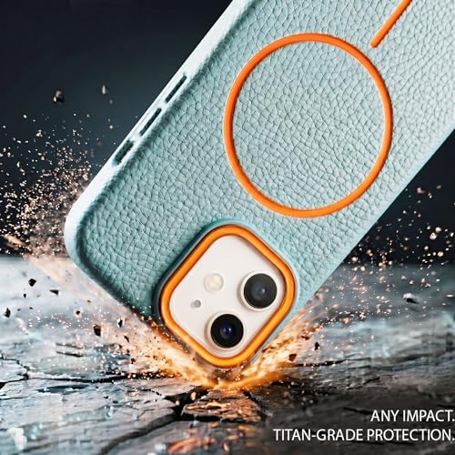 Image of amazon basics Luxury MagSafe Compatible Leather Texture Back Cover for iPhone 12 | Raised Camera Protection | Slim Fit Shockproof Case with Metallic Accents (Light Blue)