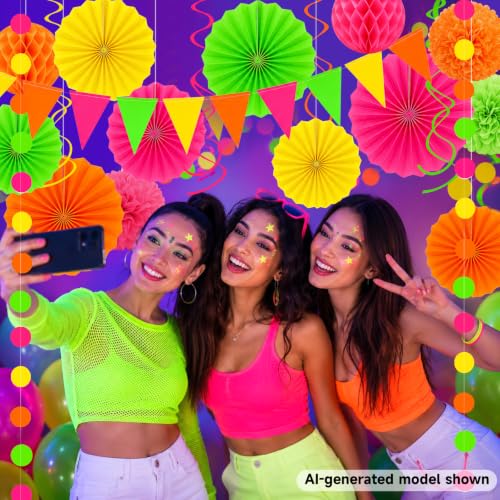 Image of 24 Pcs Neon Party Decorations Glow in the Dark Party Supplies | UV reactive fluorescent paper in pink, orange, yellow and green; paper fans, pom poms, honeycomb balls, banner and garland