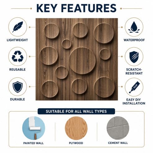 Image of Kayra Decor 3D PVC Wall Panels for Bedroom & Living Room | Moon Design | Oak Wood Color | 19.7 x 19.7 Inch | Pack of 18 | 42.48 Sq Ft