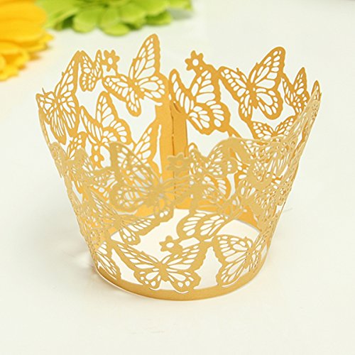 Bakell - Laser Cut Cupcake Wrappers (25pcs, Standard Size) Grease Resistant Wrappers for Desserts, Baking, Caking and Decorating (Gold Butterfly Lace)