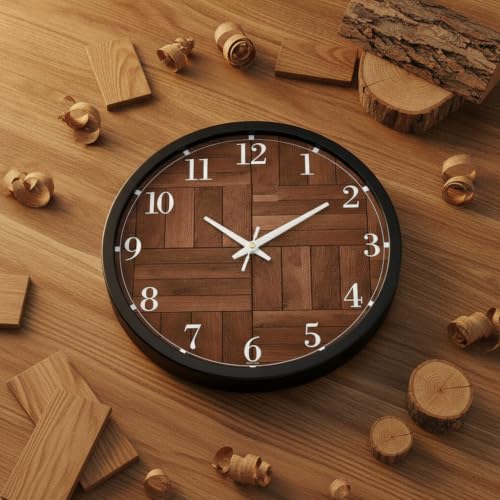 Image of Classic Parquet Wooden Pattern Wall Clock for Living Room Decor | Round Analog Silent Non-Ticking Clock with Black Frame | Modern Farmhouse Wood Grain Watch for Bedroom, Office & Kitchen