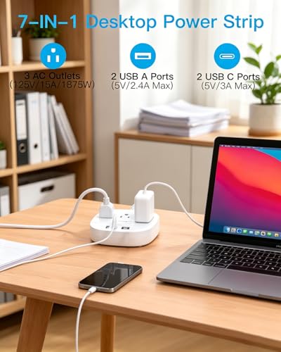 Image of Extension Cord 10 Ft, 22.5W /4.5A Surge Protector Power Strip 10Ft Cord, 3 Outlets & 4 USB Ports (2 USBC), Desktop Charging Station Travel Power Strip Long Cord for Home Office College Dorm Essentials
