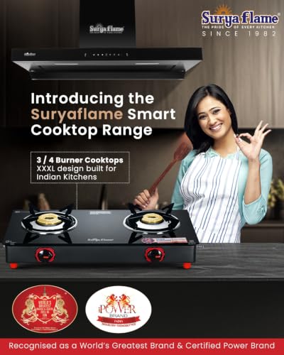 Image of Surya Flame LPG Gas Stove 2 Burners Glass Top with High Powered Brass Burner, Premium Toughened Glass & Powder Coated Body for Modular Kitchen, ISI Certified & 2 Years Warranty with Doorstep Service