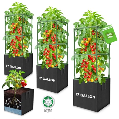 Laodier 3 Pack Tomato Cages, Square Tomato Trellis with 17 Gallon Grow Bags,47IN Tall Heavy Duty Tomato Plant Support Stakes for Garden Climbing Vegetables Flowers Fruits (Extra-Bold, 3 Pack)