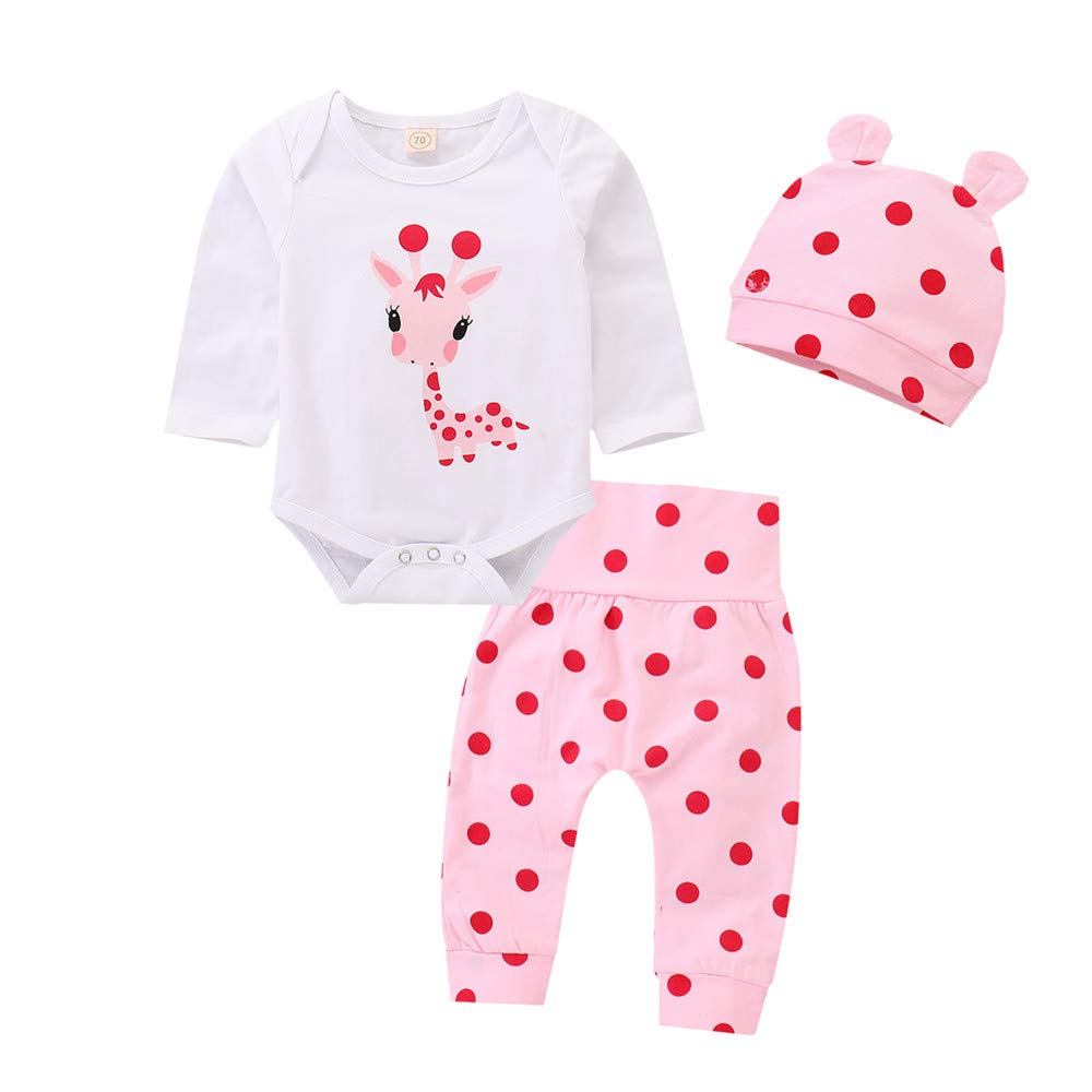 cute newborn baby girl ubrania żyrafa top + pudrowe spodnie w kropki + kapelusz zestaw odzieży dziennej