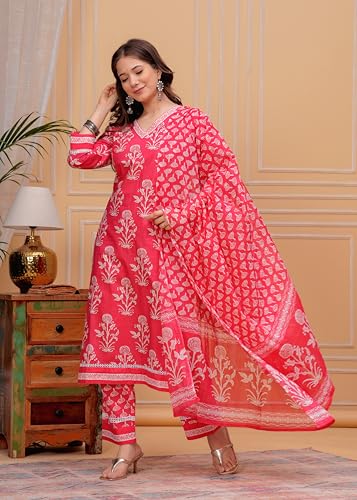 Image of MEERA FAB Women's Cotton Blend Straight Printed Kurta with Palazzo & Dupatta