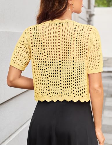 Image of Kate Kasin Women Crochet Shrug Knit Sweater, Short Sleeve Cropped Cardigan | Tie Front Tops Light Weight, Knit Cover Up Arm Bolero For Evening Dresses Dressy Casual, Ladies Eyelet Shawl Thin Formal
