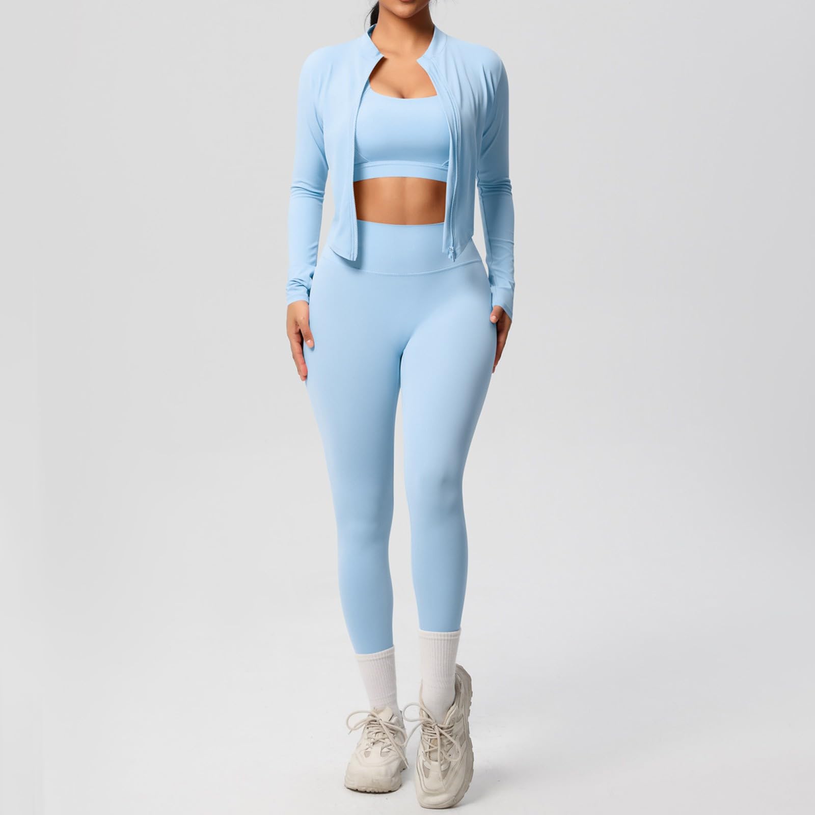 2026 Tuta Da Jogging Da Donna 3 Pezzi Tinta Unita Slim Fit Crop Top e Maniche Lunghe Per Corsa Fitness Cardigan e Leggings Per Yoga, Sport, Set Sportivo Sportswear Completi Ginnastica Casa