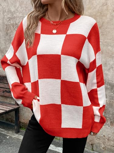 Image of SHENHE Women's Checkered Color Block Oversized Sweater Plaid Crew Neck Drop Shoulder Pullovers