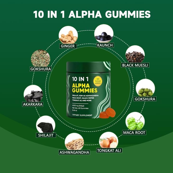 Miniatura 5 de Gomitas Alpha Shilajit 10 en 1, 4000 mg Himalayan Alpha Shilajit para impulso de energía y apoyo inmunológico, con Ashwagandha, Gokshura, ácido