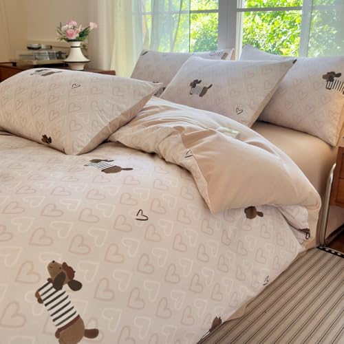 Image of Dachshund Duvet Cover Full Size Brown Dog Puppy White Pink Heart Reversible Comforter Cover Set 3 Pcs Kids Cute Soft Lightweight Microfiber Bedding Set with Zipper Closure and 2 Pillowcases