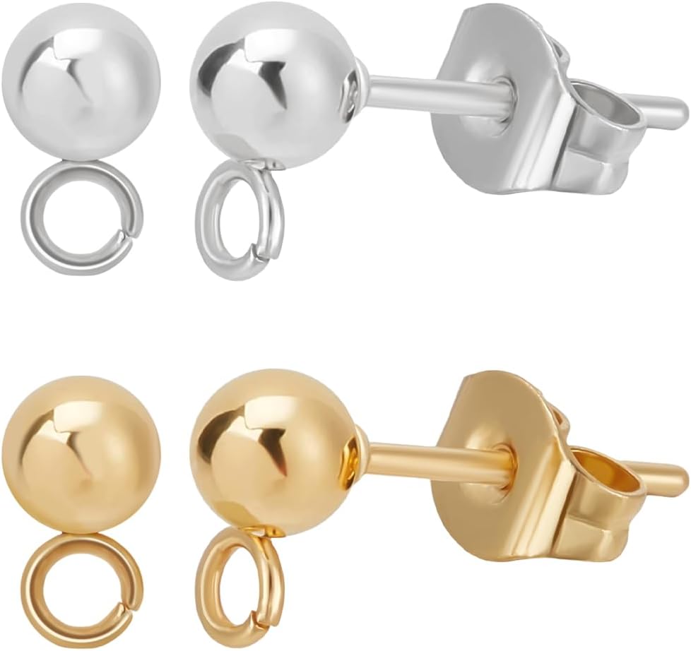 Beebeecraft 100Pcs 2 Colors Ball Stud Earring Findings 24K Gold&925 Sterling Silver Plated 304 Stainless Steel Round Post with Loop for Dangle Earring Jewelry Making DIY