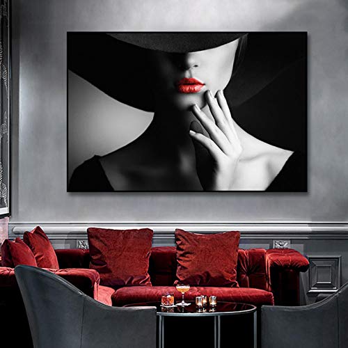 Affiche fille élégante pour salon moderne peinture sur toile lèvres rouges 50x70 cm