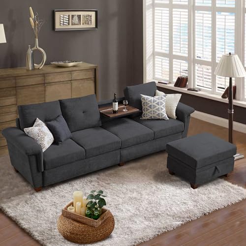 Soscana Convertible Sectional Sofa, 4 Seat L Shaped Couch with Storage High Back and Cup Holder,...