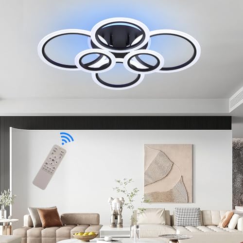 STCH LED Ceiling Lights Modern, Black Ceiling Light 6 Rings, Ceiling Lights Living Room 80W Dimmable 3000-6500K, Chandelier Ceiling Light with Remote, Ceiling Lights for Bedroom Kitchen Dining room
