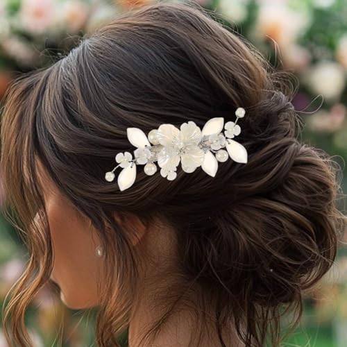Evlry Horquillas para el pelo de novia con flores de perlas plateadas para el pelo de la novia, accesorios para el pelo para las mujeres