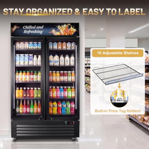Image of Velivi Commercial Beverage Refrigerator, Double Glass Door Display Cooler, Upright Drink Merchandiser with LED Lighting, Auto Closing Doors