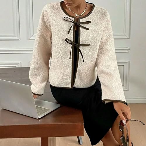 FindThy Women’s Bow Tie Front Cardigan Stylish Crewneck Long Sleeve Fuzzy Faux Fur Teddy Jacket Outerwear3