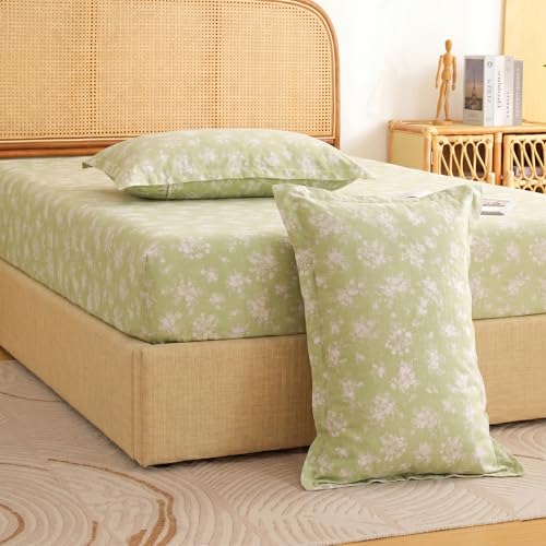 Image of Story@Home King Size Air Cotton Bedsheet 240 TC Fitted Sheet with 2 Pillow Covers, Soft & Durable Bed Sheet for King Bed (270 x 250 cm, Floral Print, Green & White)