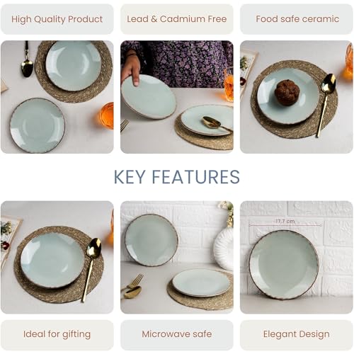 Image of The Earth Store Glossy Mint Marble 7 Inch Ceramic Quarter Plates Set of 2 | Microwave & Dishwasher Safe Plate | Half Plate for Dessert, Snacks, Dinner | Snack Plates for Gifting, Daily Use