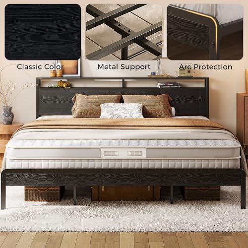 Image of LIKIMIO King Bed Frame with Headboard, Dark Wood Camas King with Strong Supports, Sturdy, Noise-Free, No Box Spring Needed, Black