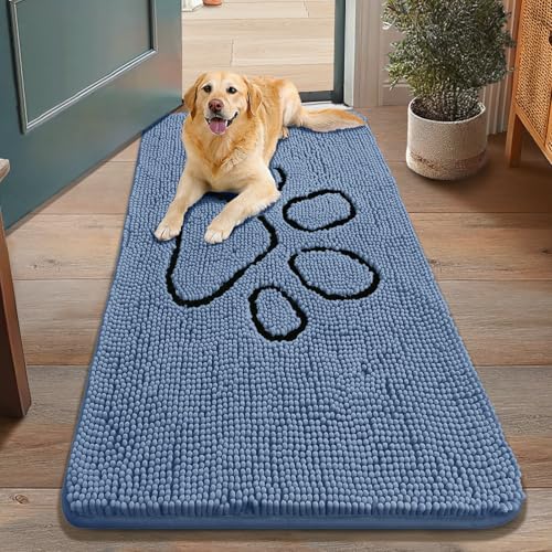 Image of Smiry Dog Door Mat for Muddy Paws, Absorbent Dirt Trapper Non Slip Quick Dry Washable Chenille Mat for Mud Dogs, Entry Rug for Indoor and Outdoor (48x30 Inches, Airy Blue and Black)