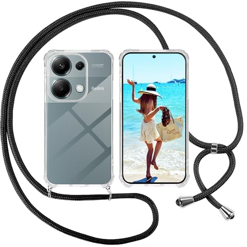 ISOI Funda con Cuerda para Xiaomi Redmi Note 13 Pro 4G/Poco M6 Pro 4G, Carcasa Transparente TPU Suave Silicona Case con Correa Colgante Ajustable Collar Correa de Cuello Cadena Cordón, Negro