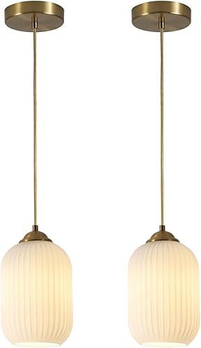 Lámparas colgantes doradas de mediados de siglo, luces colgantes de isla de cocina, luces colgantes de ópalo blanco acanalado, lámpara colgante