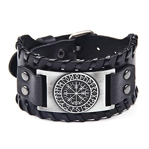 Pulsera de cuero negro para hombres, estilo vikingo con vegvisir, brújula nórdica con runas