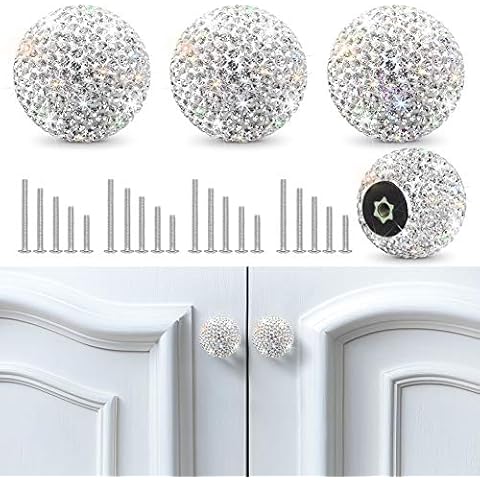 Soleebee 4 Pcs Bling Drawer Knobs ,Decoration Dresser Cupboard Knobs ,Bling Crystal Rhinestone Cabinet knobs ,Round Pull Handle with Screws for Home Kitchen Bathroom Office (White) Cover
