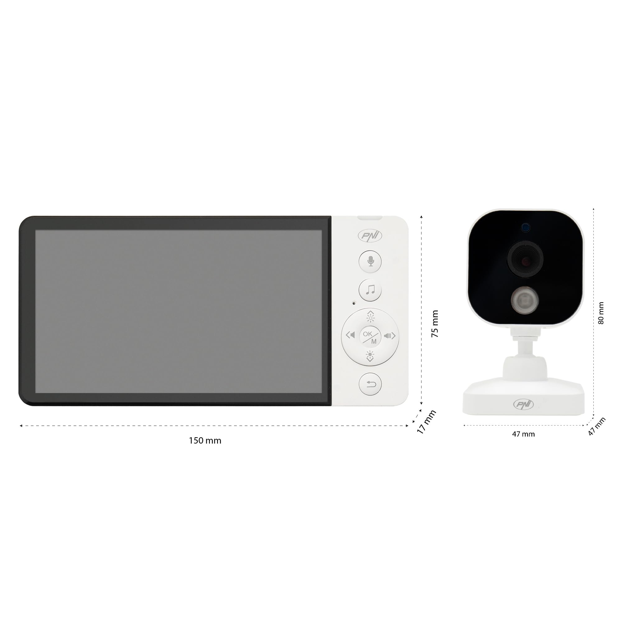 PNI Monitor de Video para bebé BM500 Pantalla de 5 Pulgadas inalámbrico 2.4 GHz, Sensor de Temperatura, VOX, visión Nocturna, función de Zoom, Canciones de Cuna
