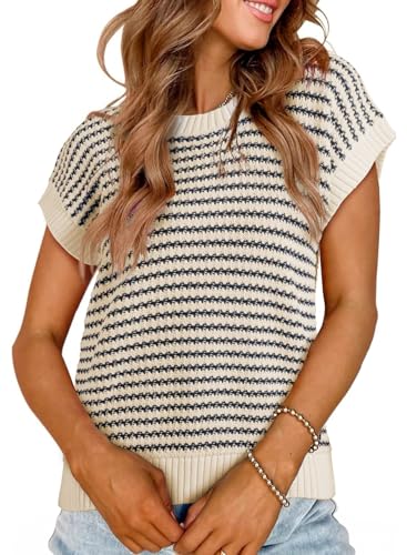 EVALESS Women’s Sweater Vest Striped Pullover Tank Top Round Neck Cap Sleeve Lightweight 2025 Summer Casual Clothes