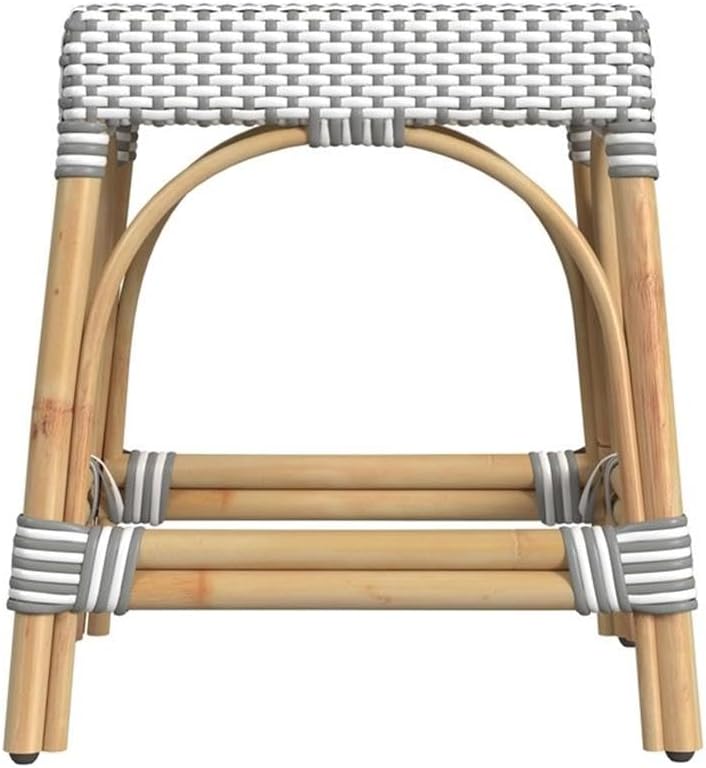 Pemberly Row Rattan Dining Stool, 18 in, Gray/White Dot Pattern, Natural Rattan Frame, Rectangular Shape, Lightweight and Durable, Indoor Use, Kitchen, Patio, Sunroom or Living Room Furniture