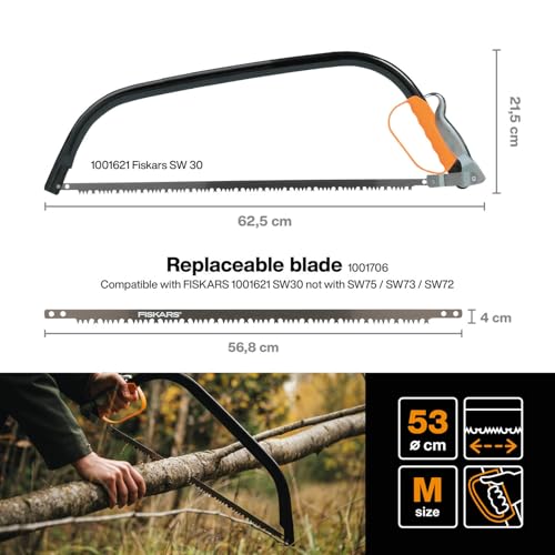 Fiskars Bügelsäge mit feststehendem Blatt für feuchtes Holz, Länge: 62 cm (21 Zoll), Inklusive Sägeblattschutz, Hochwertiger Stahl, Schwarz/Orange, SW30, 1001621